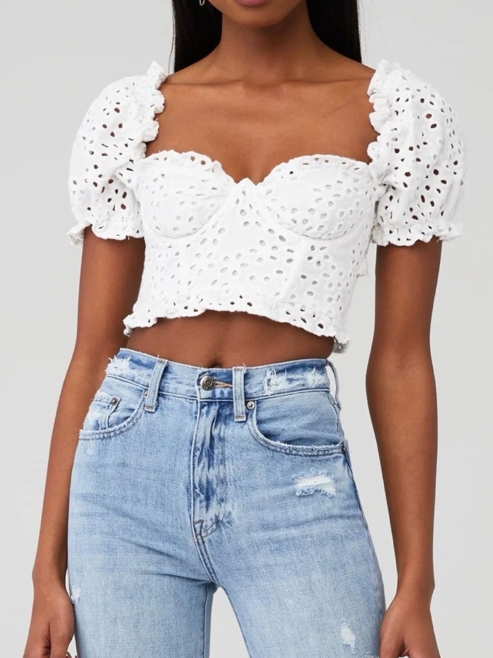 For Love & Lemons Eyelet Bustier Crop Top White Puff Sleeve Size XL